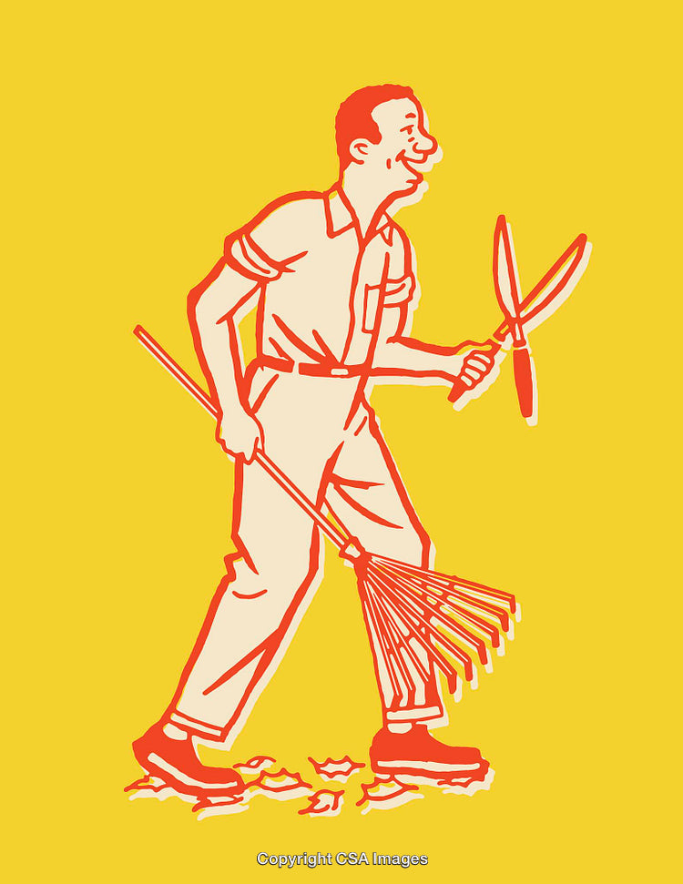 Retro Style Illustration of a Gardener Using Tools with Yellow Background