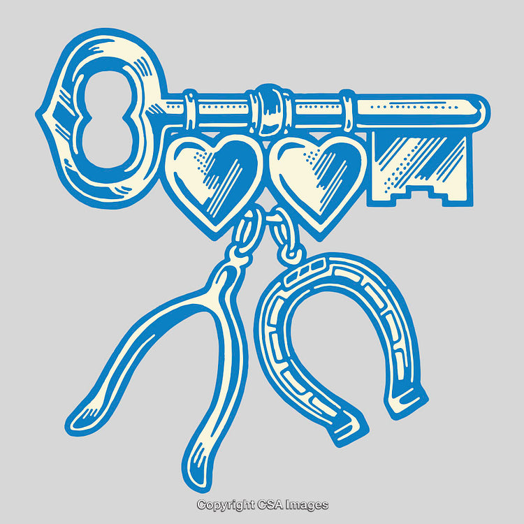 Vintage Key Design Featuring Heart, Horseshoe, and Wishbone Charms