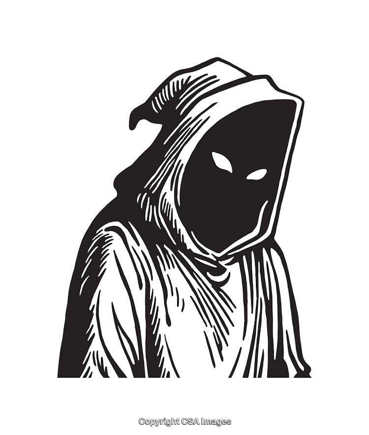 Black and White Vector Illustration of a Mysterious Hooded Figure