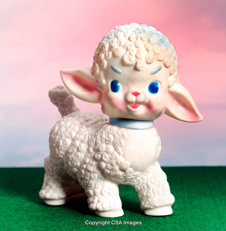 Vintage Ceramic Lamb Figurine on Colorful Background for Nostalgic Decor
