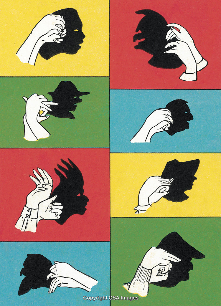 Colorful Hand Shadow Puppets Illustrating Artistic Silhouettes on Bright Backgrounds