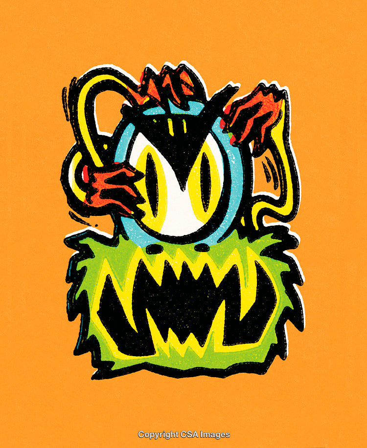 Colorful Abstract Cartoon-Like Character Against a Bright Orange Background
