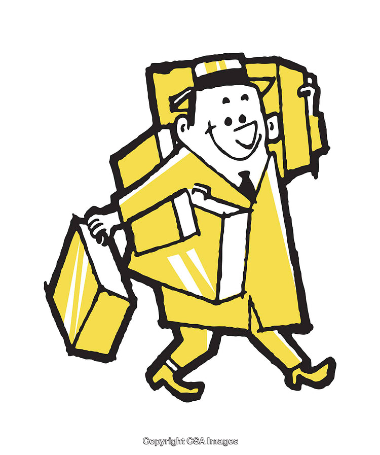 Retro Cartoon Illustration of Smiling Man Carrying Packages and Bags