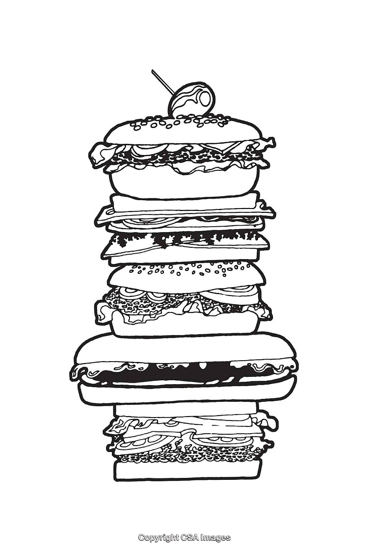 Layered Stack of Sandwiches Illustrated in Black and White Line Art