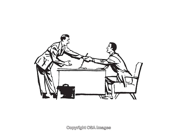 Vintage Style Business Handshake Illustration in Black and White Line Art