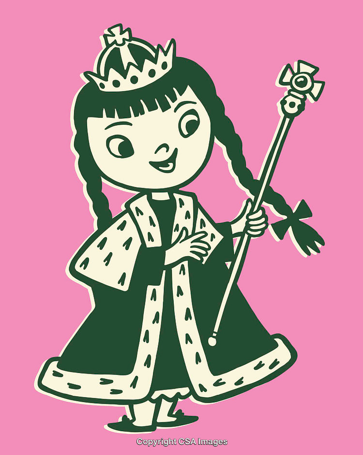Whimsical Cartoon Princess Holding Scepter on Pink Background