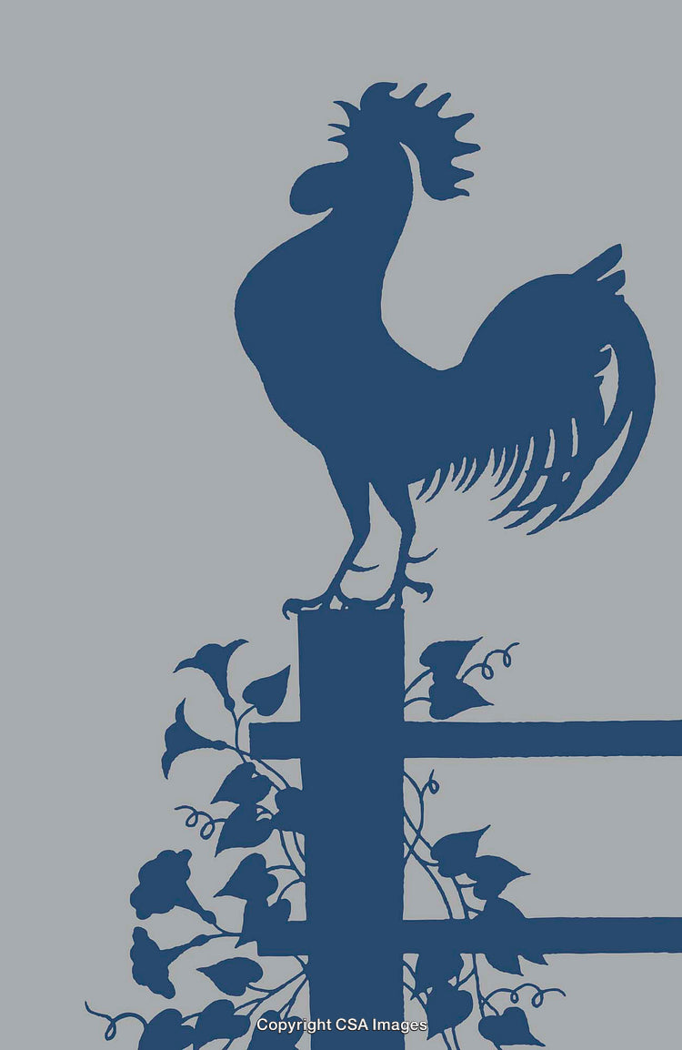 Blue Rooster Silhouette Perched on Post with Leafy Vine Design