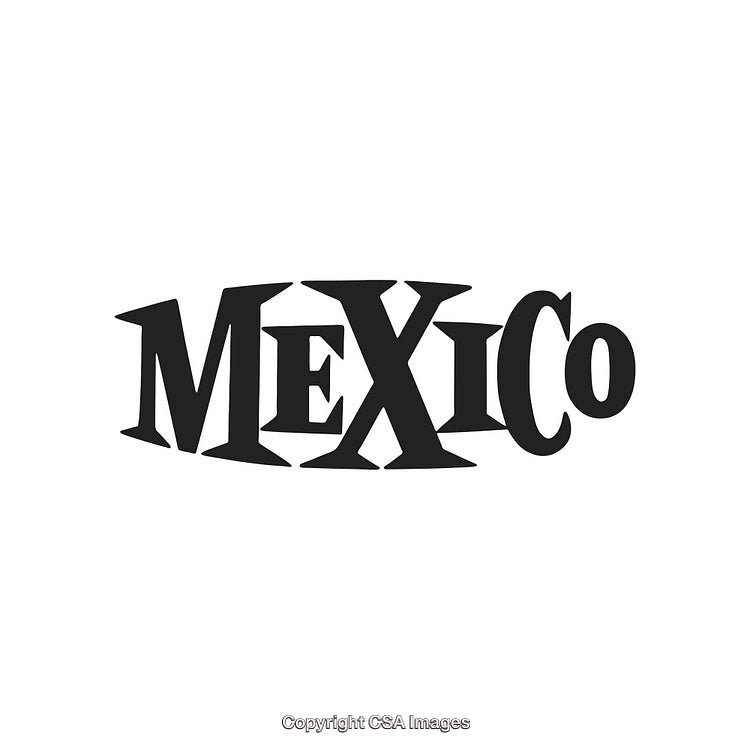 Stylized Black and White Mexico Text Graphic Illustration on Blank Background