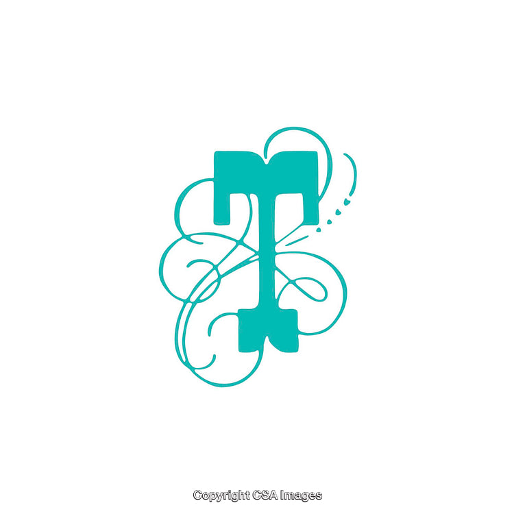 Blue Ornate Letter T Design with Elegant Flourishes on White Background