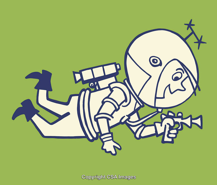 Line Art Illustration of an Astronaut Holding a Ray Gun in Space