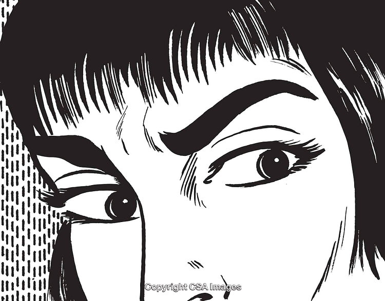 Black and White Illustration of a Woman's Eye Expressing Curiosity and Mystery