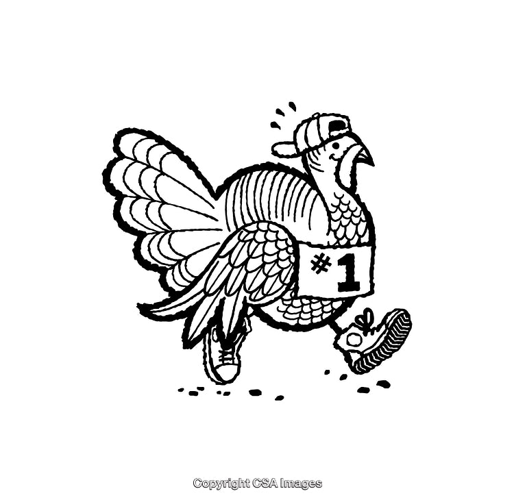 Black and White Line Art of a Turkey Running with a Number 1 Bib