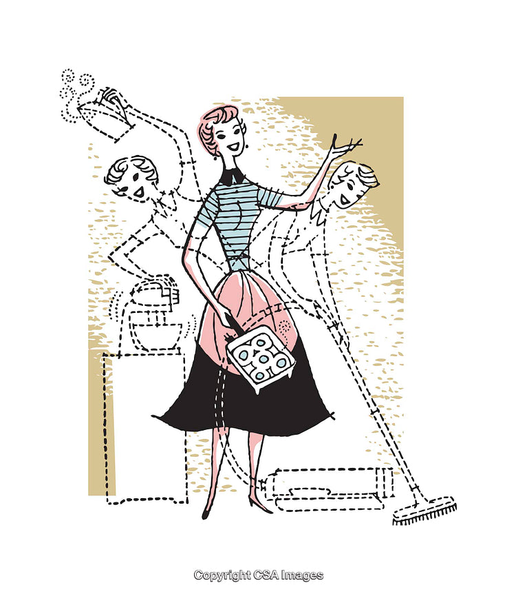 Retro Style Illustration of a Homemaker Managing Diverse Household Tasks