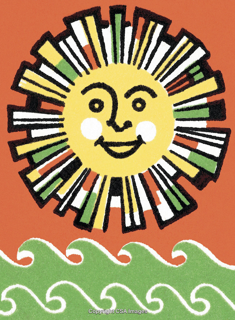 Colorful Abstract Sun Illustration with Smiling Face and Wavy Green Seascape