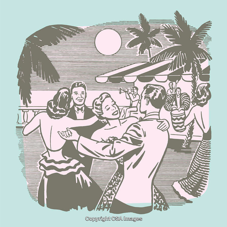 Elegant Vintage Style Ballroom Dance Scene at a Tropical Seaside Venue