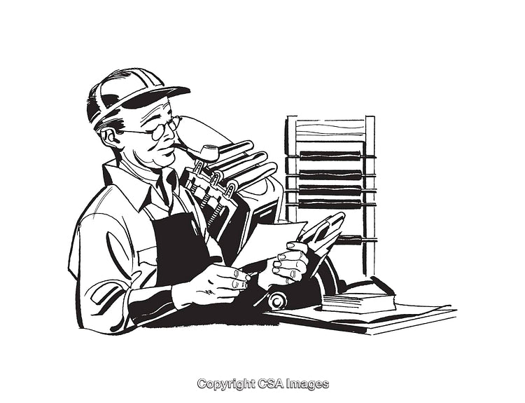 Vintage Line Art of a Worker Operating Printing Equipment in Retro Style