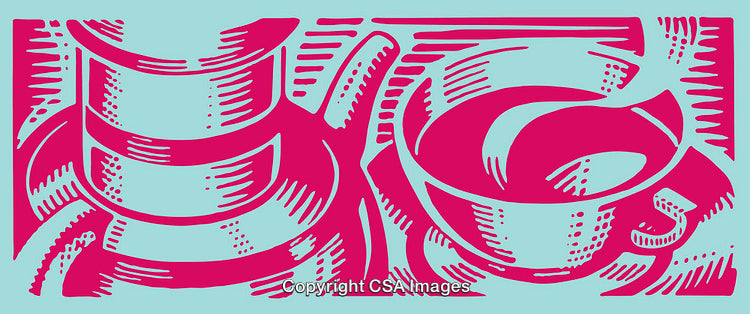 Pink and Blue Line Art Illustration of Cups and Saucers