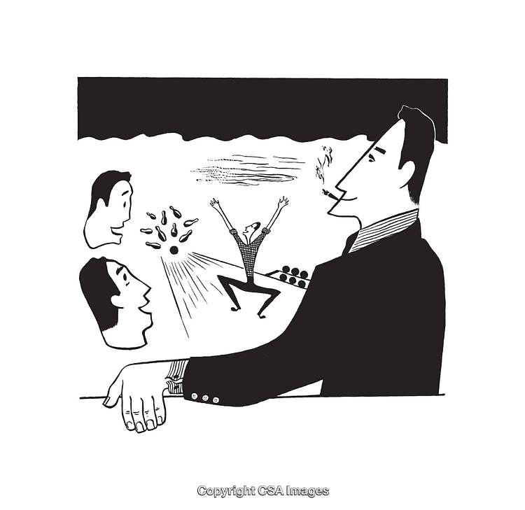 Conceptual Black and White Illustration with Abstract Forms and Human Figures