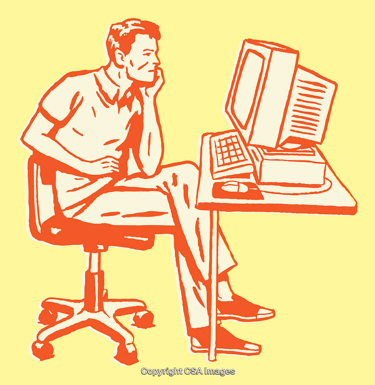 Vintage Illustration of a Person Using a Computer in Retro Colors