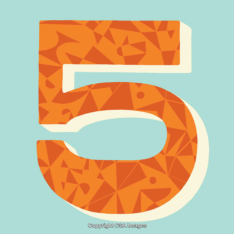 Stylized Geometric Number Five with Abstract Orange Pattern