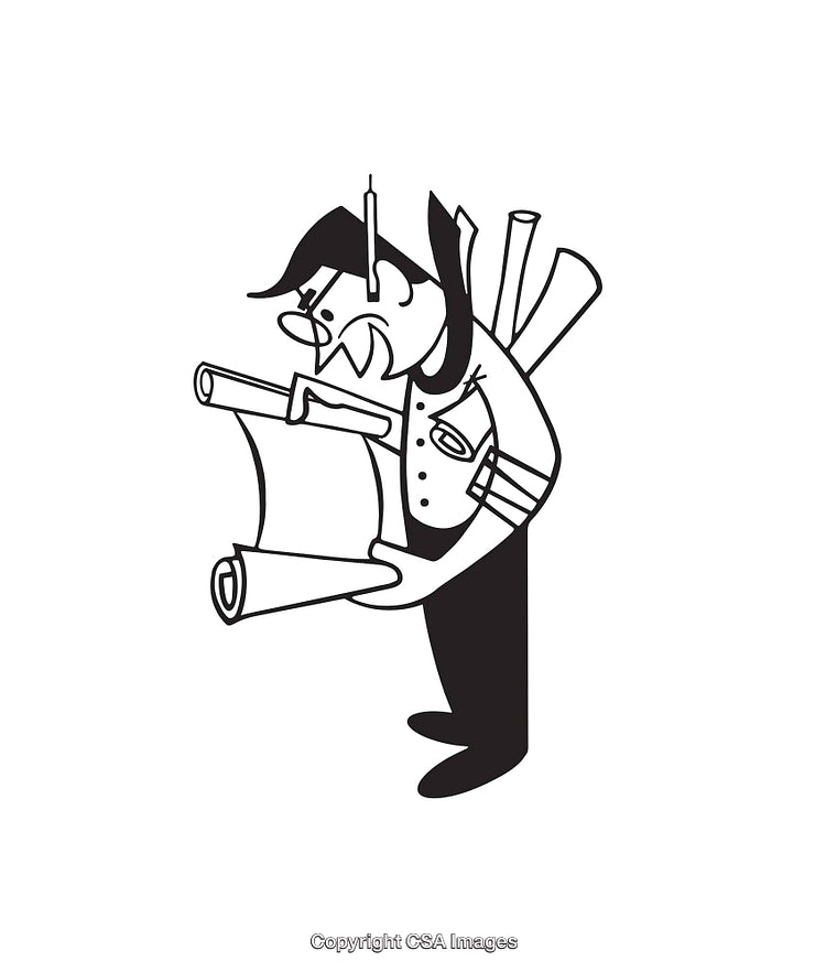 Black and White Cartoon of Architect Reviewing Plans