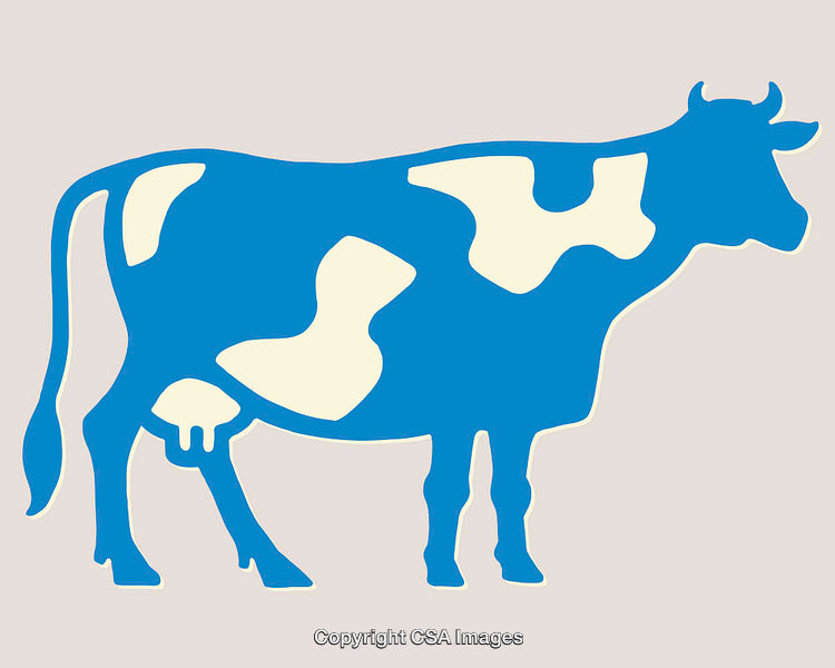 Stylized Blue and White Cow Illustration with Abstract Patterns