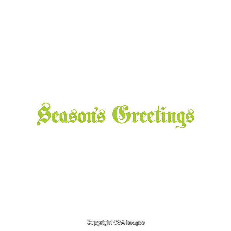 Season's Greetings Text in Ornate Green Font on White Background