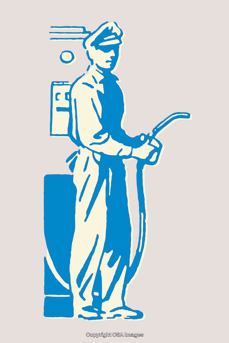 Vintage Illustration of Gas Station Attendant in Uniform with Pump