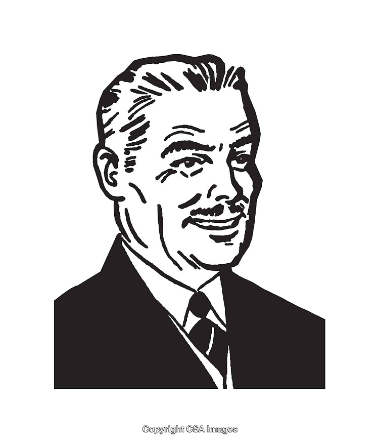 Retro Black And White Line Art Illustration of a Smiling Gentleman