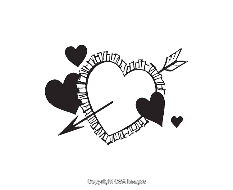 Hand-Drawn Line Art of Hearts and Arrow with Decorative Details