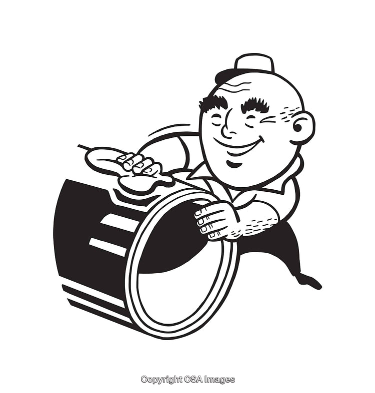 Vintage Line Art Illustration of a Worker Smiling With Drum