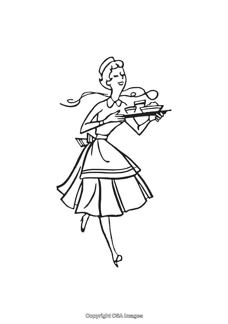 Vintage Illustration of a Waitress Holding a Tray in Motion