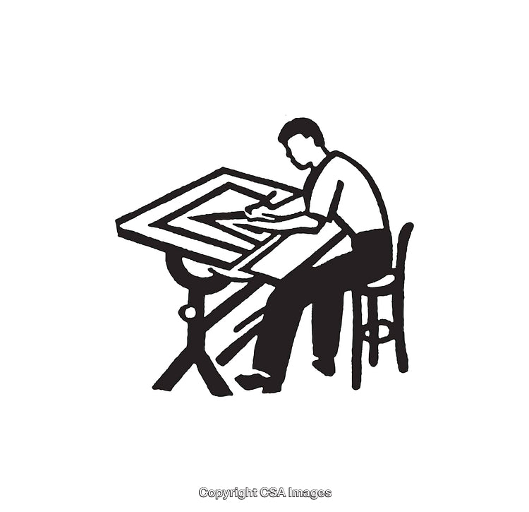 Monochrome Line Art of an Architect at a Drafting Table