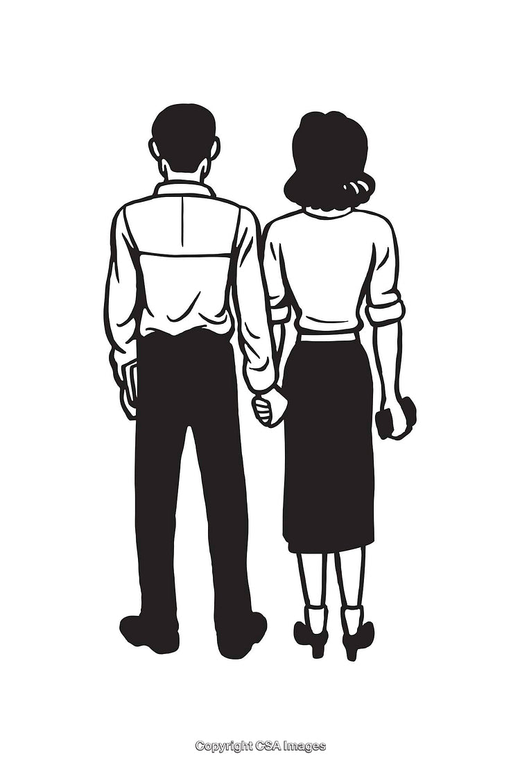 Vintage Illustration of a Couple Holding Hands in Monochrome Line Art Style
