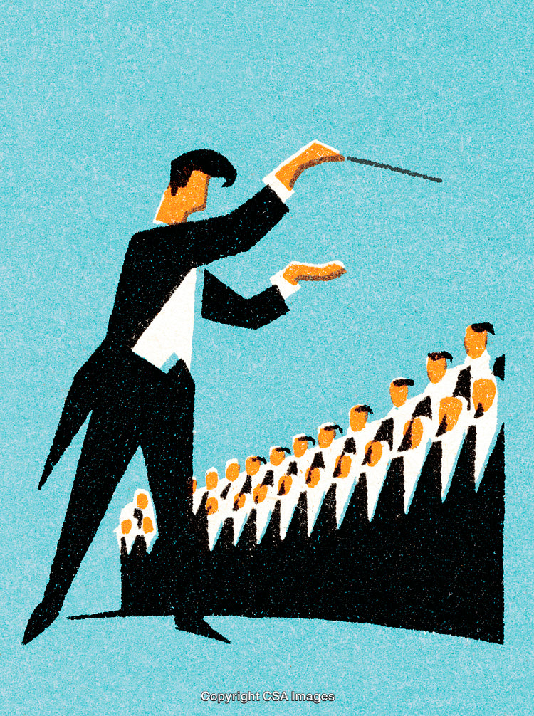 Orchestra Conductor Leading Musicians in Harmony with Artistic Illustration Style
