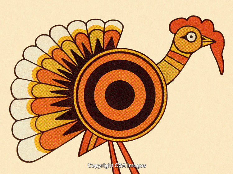 Vintage Stylized Turkey Illustration with Bold Colors and Circular Pattern