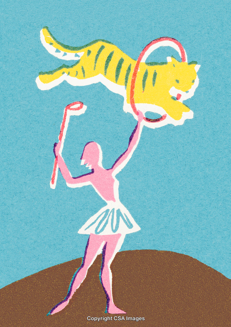 Stylized Tiger Jumping Through Hoop With Performer in Vibrant Illustration