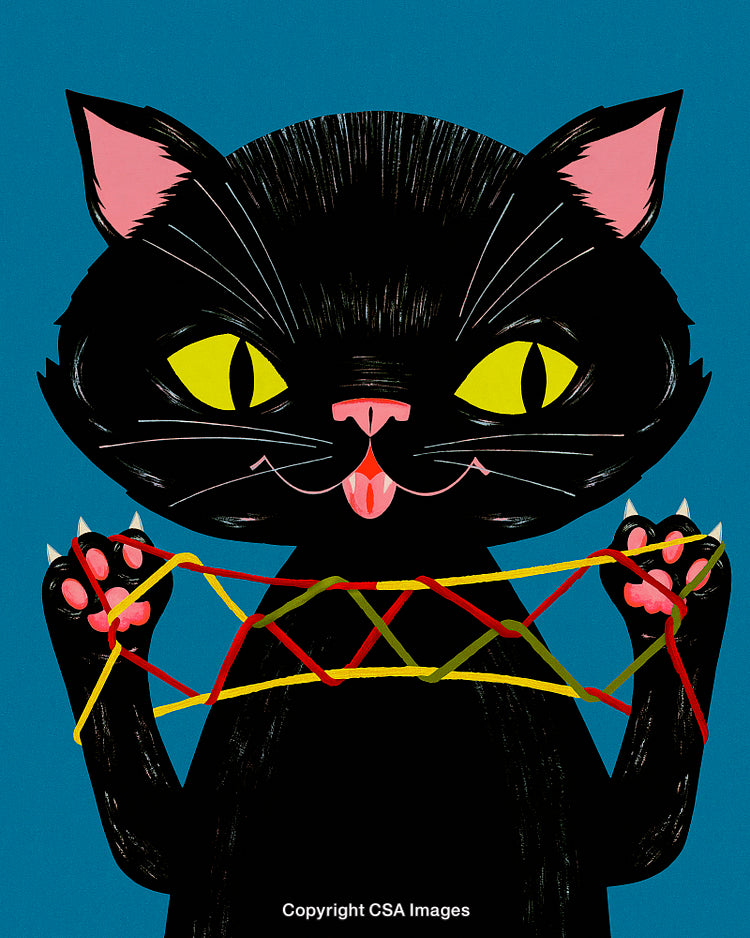 Playful Black Cat Holding String Art on a Vivid Blue Background
