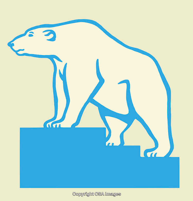 Stylized Blue Polar Bear Illustration Ascending Stairs with Minimalist Design