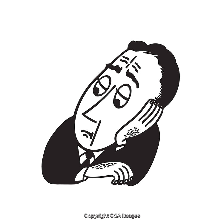 Black and White Line Art Illustration of a Thoughtful Individual