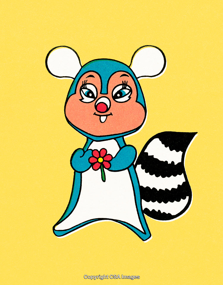 Cute Cartoon Character Holding a Flower on a Yellow Background