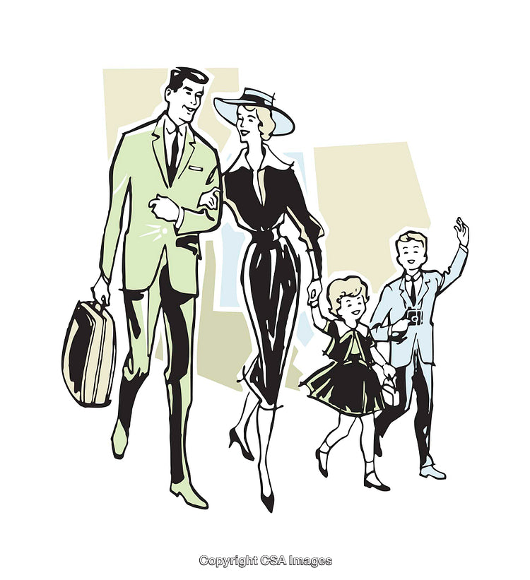 Vintage Style Illustration of a Happy Family Journey
