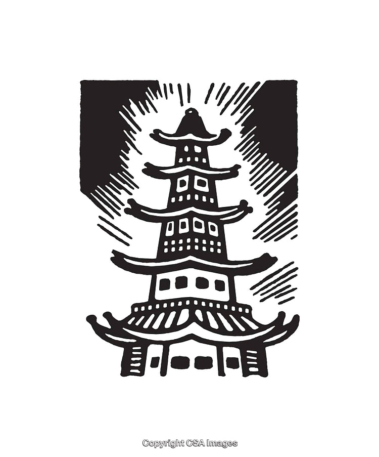 Black and White Line Art Illustration of a Traditional Pagoda Building
