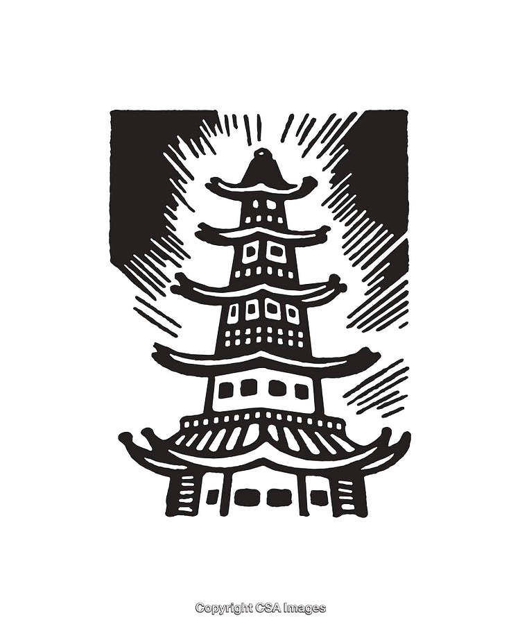 Black and White Line Art Illustration of a Traditional Pagoda Building