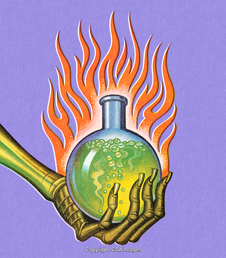 Illustration of a Flaming Green Flask Held by a Metallic Robotic Hand