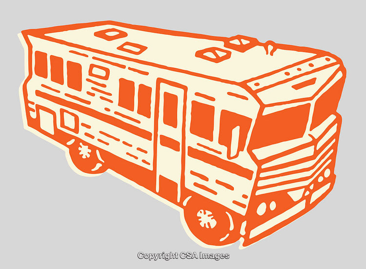 Illustration of a Vintage Camper Van in Orange and Beige Line Art