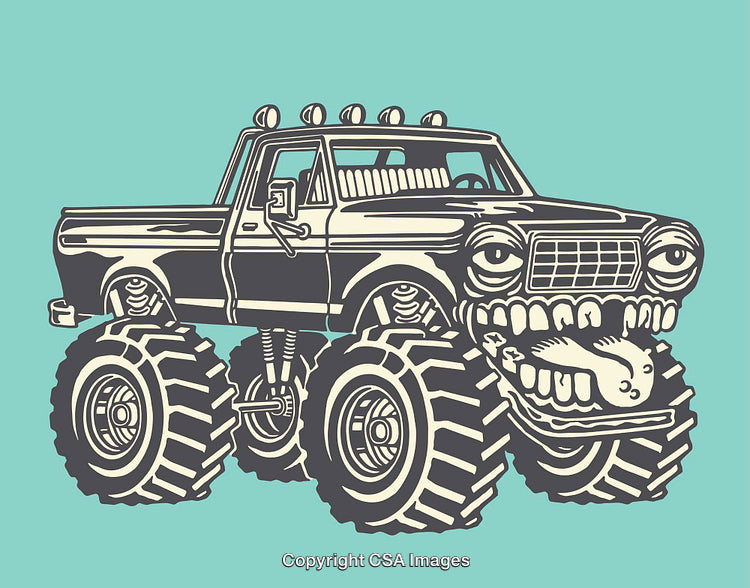 Vintage Monster Truck Art with Cartoonish Features and Whimsical Design