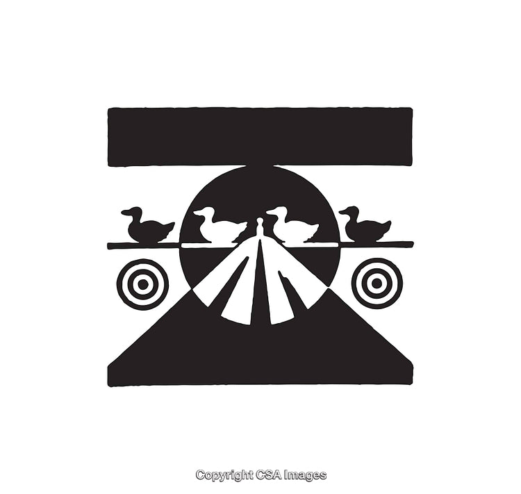 Black and White Silhouette Illustration of Ducks and Abstract Shapes