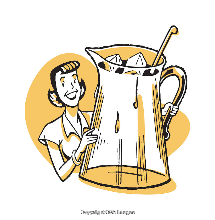 Retro Illustration of Woman Holding Oversized Pitcher with Ice Cubes