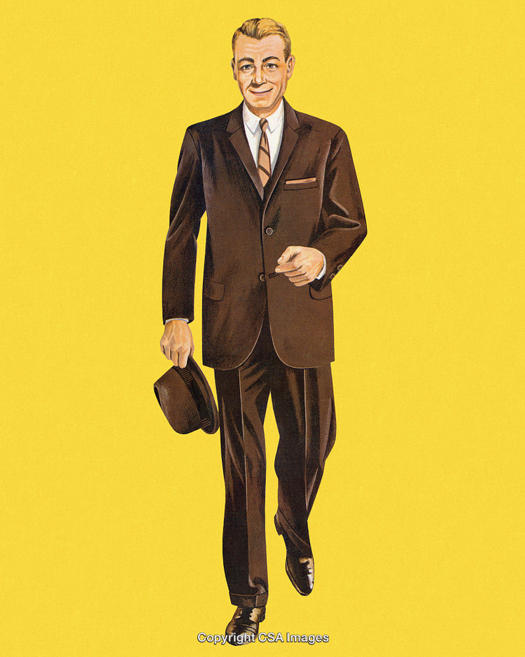 Vintage Illustration of a Well-Dressed Businessman Holding a Hat in Formal Wear